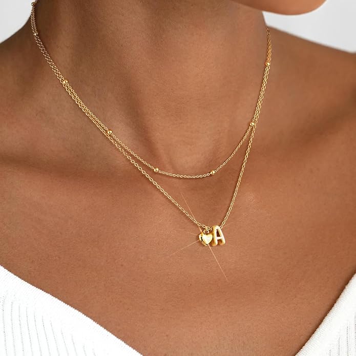 adoyi Gold Necklace for Women Layered Bubble Heart Letter Initial Necklaces for Women Trendy Jewelry 14K Gold Plated Chain Chunky Name Necklace Stack Charm A-Z Pendant Set Jewelry Gifts