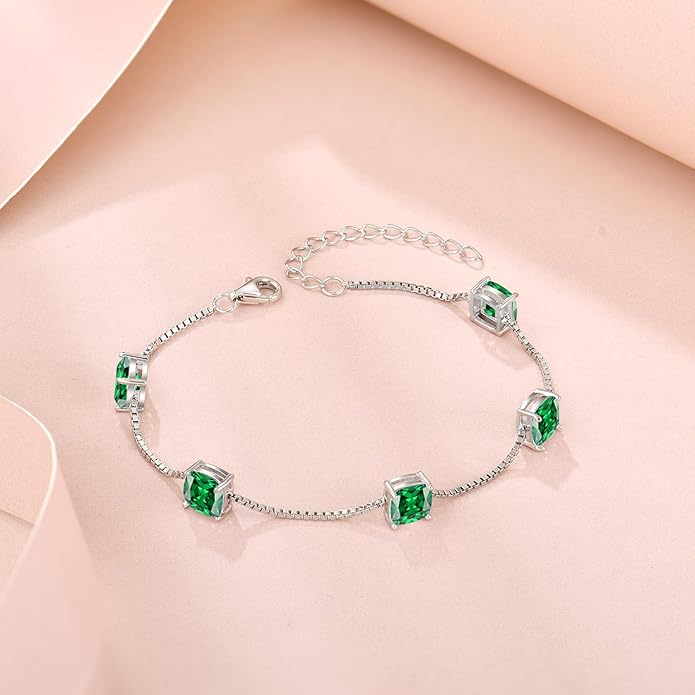 Birthstone Bracelet for Women 925 Sterling Silver Dainty Princess Cut Link Bracelet Jewelry Gifts for Her