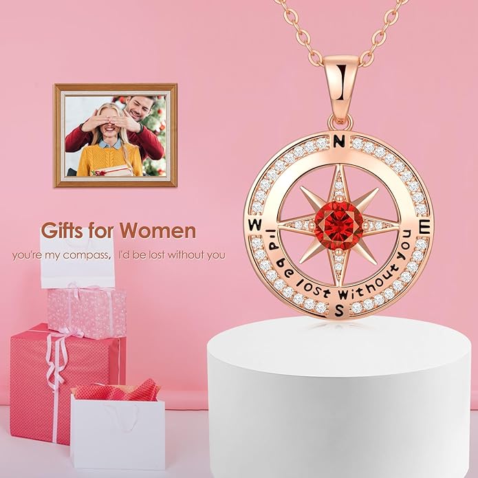 Zifeel Compass Necklace Gifts for Women wife - S925 Sterling Silver Birthstone Necklaces for Women - Anniversary Birthday Gifts for Her Wife Girlfriend - Valentines Mom Mothers Day Christmas Gifts Jewelry for Women