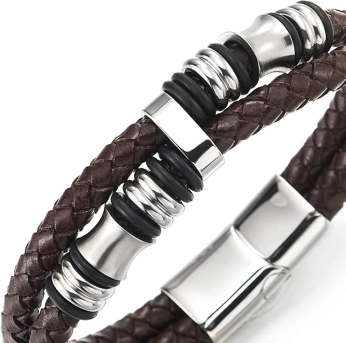 COOLSTEELANDBEYOND Mens Double-Row Braided Leather Bracelet Bangle Wristband with Stainless Steel Ornaments