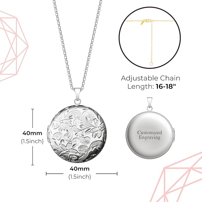 Locket Necklace for Women Girls, 18” Jewelry Chain, Picture Photo Inside, Cadenas para mujer, Personalized Custom Name Gold Locket, Customized Couples Locket, Silver, Rose Gold, Gold
