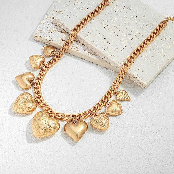 CLASSYZINT Gold Heart Pendant Necklace for Women Puffy Heart Necklace Beads Chain Necklace Statement Necklace Trendy Jewelry