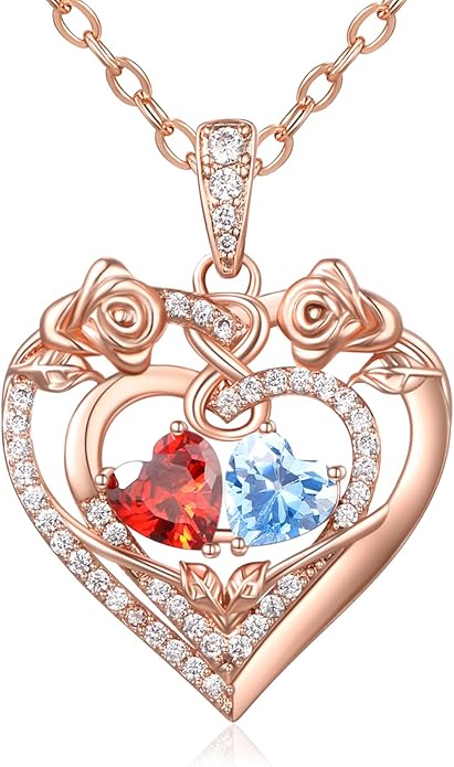 JIYVY32 Rose Heart Necklace for Women Exquisite 925 Sterling Silver Anniversary Birthday Gifts for Wife Mom Her Double Birthstone Pendant Jewelry