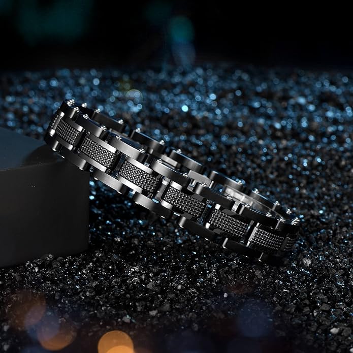 Holizaly Men's Stainless Steel Two Tone Square Link Bracelet, Black and Blue Ion Plated Black