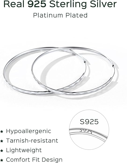 ChicSilver Hypoallergenic 925 Sterling Silver Hoop Earrings for Women, Lightweight Large Gold Plated Hoop Earrings, Endless Hoops Huggie Earrings 15/20/30/50/70MM