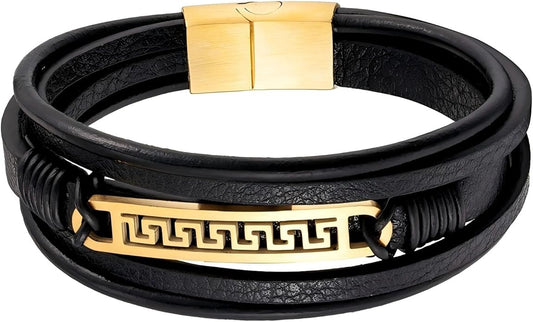 Italian Handmade Genuine Leather Bracelets for Men Stainless Steel Clip, Men's Casual Genuine Multi-layer Cuff Bracelet, Bracelet Gift for Real Men