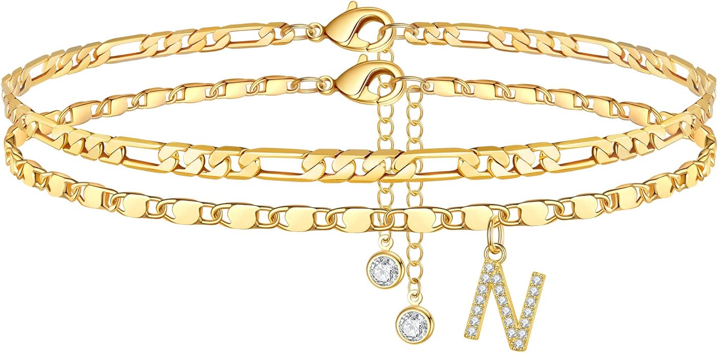 Ursteel Ankle Bracelets for Women, 14K-Gold-Plated Dainty Layered Chain CZ Initial Anklets Set Summer Jewelry Gifts for Women