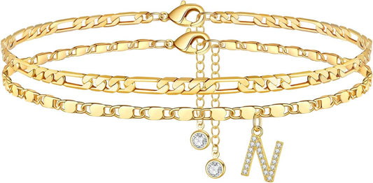 Ursteel Ankle Bracelets for Women, 14K-Gold-Plated Dainty Layered Chain CZ Initial Anklets Set Summer Jewelry Gifts for Women