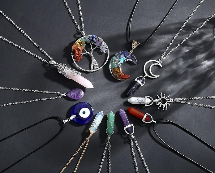 XIANNVXI 11 Pcs Crystal Necklaces for Women, Evil Eye Boho Chakra Hippie Pendant Beach Jewelry Set, Gifts