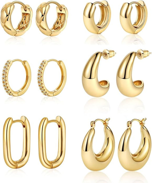 MIDEEO Gold/Sliver Chunky Hoop Earrings Set for Women, 14K Gold Plated Twisted Huggie Hoop Earring Hypoallergenic Thick Open Lightweight Chunky Hoop Earrings Jewelry for Gifts