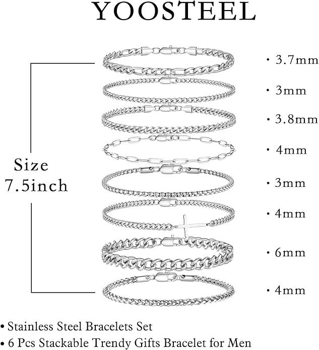 Yoosteel Mens Bracelets - Silver Chain Bracelet Stainless Steel Cuban Link Stack Bracelets Sturdy Rope Paperclip Chains Set 7.5/8.3/9 inches Trendy Jewelry for Men
