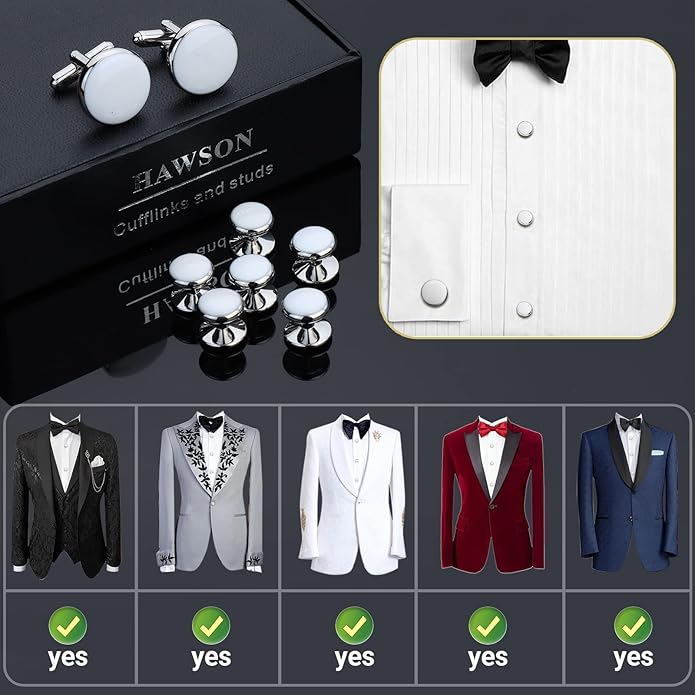 HAWSON Men’s Cufflinks and Tuxedo Studs Set with Gift Box; Men’s Jewelry or Accessories Suitable for Black Suit White Shirts Vest and Red Bow tie on Wedding or Anniversary and Birthday