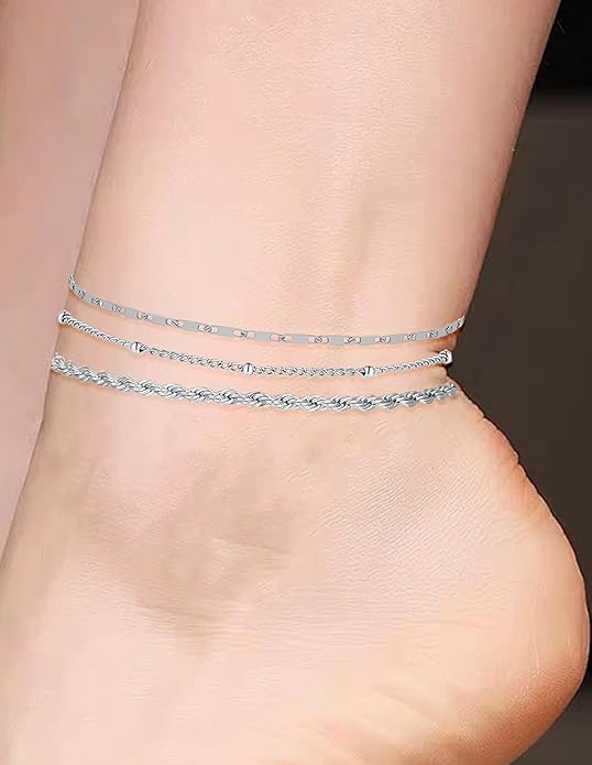 6PCS 18k Gold Plated Stainless Steel Ankle Bracelets for Women Waterproof Layered Herringbone Figaro Bead Paperclip Rope Tennis Box Cuban Link Rolo Satellite Chain Anklets Set Gold Tone