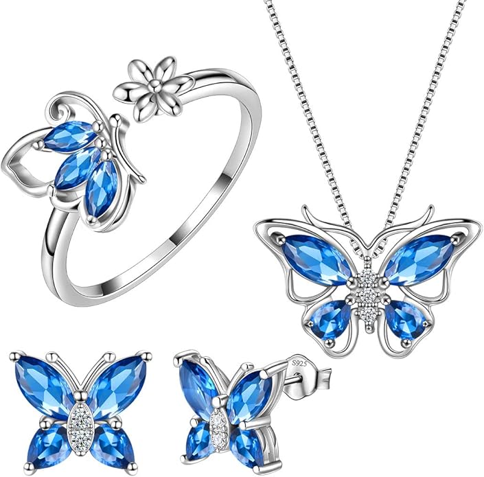 Aurora Tears Butterfly Jewelry,Women 925 Sterling Silver Butterflies Birthstone Pendant Necklace/Earrings/Rings Wedding Gift
