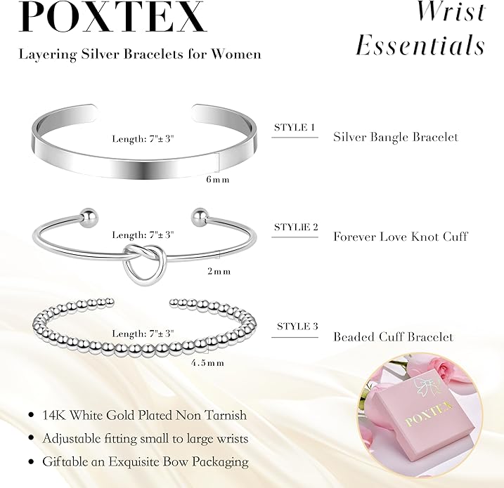 Silver Bracelets for Women Stack, Silver or Gold Plated Cuff Bangle Set, Trendy Silver Jewelry for Women Fashion