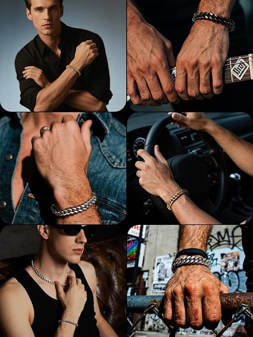 Bestyle Thick Mens Cuban Link Chain Bracelets, Durable Real 18K Gold/Black Metal Plated Solid Stainless Steel Hand Chain Cuban Bracelets for Men, Silver Black Gold Bracelets for Father Husband