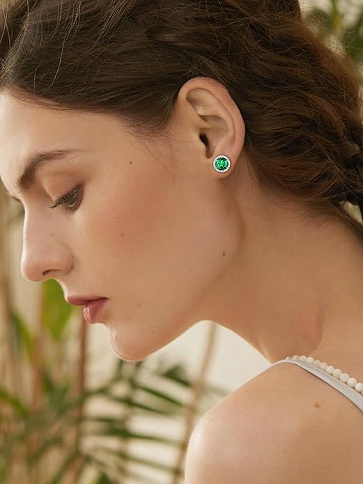 ChicSilver 925 Sterling Silver Birthstone Earrings for Women, 8MM/2 Carat Heart & Round Cubic Zirconia Stud Earrings, Hypoallergenic Jewelry, Ideal Birthday or Christmas Gifts