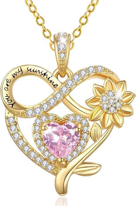 14K Gold Sunflower Heart Necklace for Women, You Are My Sunshine Jewelry with Birthstone Pendant, Anniversary Birthday Gifts for Her Wife Mom Grandma Daughter