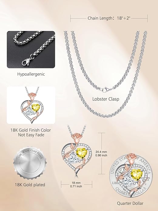 Christmas Gifts for Women Rose Heart Birthstone Pendant Necklace I Love You Forever Jewelry Valentine Mothers Day Birthday Gifts for Women Her Wife Girlfriend