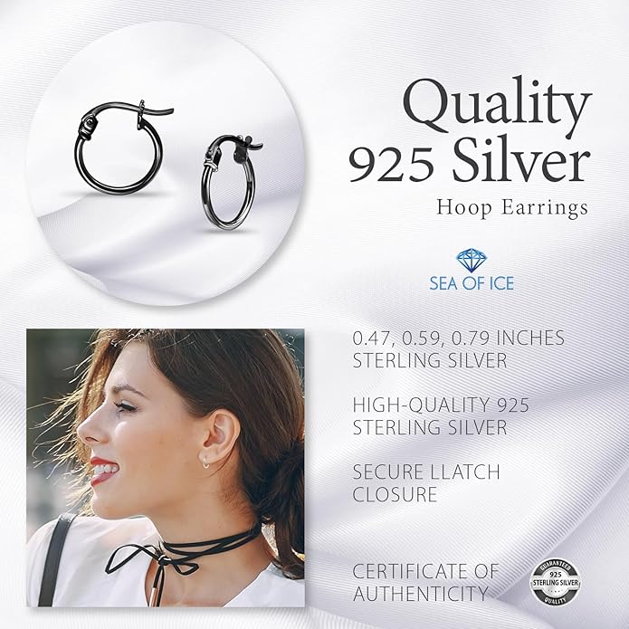 SEA OF ICE 925 Sterling Silver Hoop Earrings for Women - Hypoallergenic Earrings for Women in Sterling Silver, Yellow Gold, Rose Gold or Black Rhodium | Sizes 12MM, 15MM, 20MM or Multipack