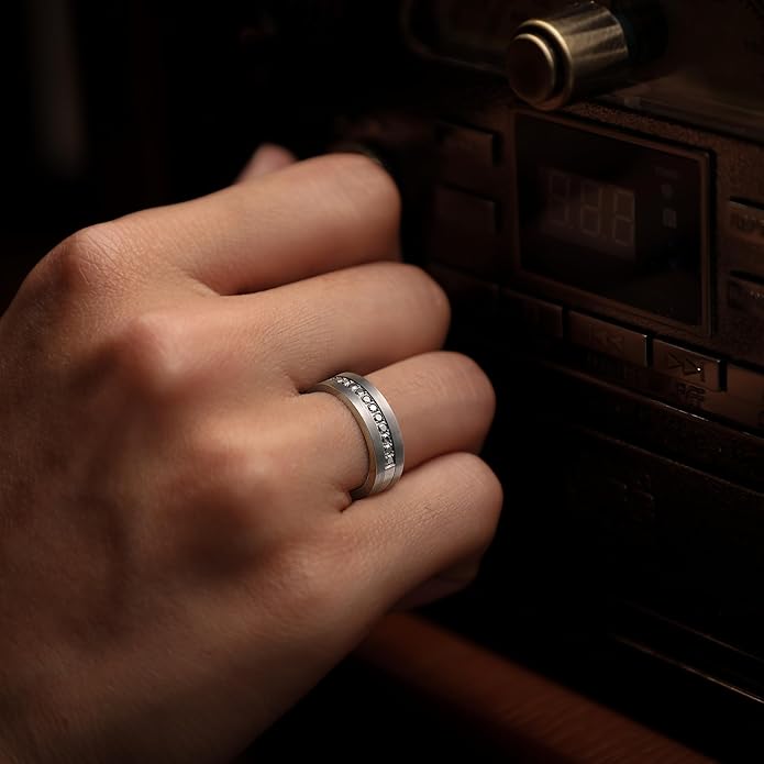 King Will Mens Tungsten Wedding Band with Cubic Zircon Inlay 7mm/8mm Flat Cut Comfort Fit Engagement Rings