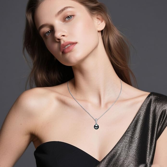 KANNSOAR Tahitian Black Pearl AAAA 18K White Gold Plated Sterling Silver Pendant Necklace for Women Wife Mom Girlfriend Her Jewelry Gift for Birthday Anniversary Christmas