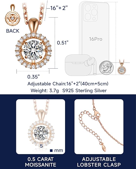 MomentWish Floating Necklace for Women, 0.5/1 Carat Dancing Moissanite Necklace for Her 925 Sterling Silver Pendant Anniversary Birthday Christmas Gift for Wife Mom Girlfriend