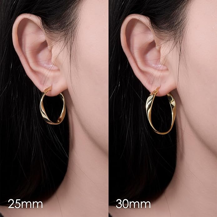 14K Gold Twisted Hoop Earrings for Women Thick Wave Gold Hoops Lightweight Hypoallergenic Elegant Jewelry 25/30MM