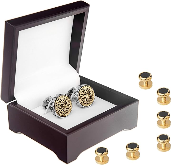 Cuff Links Mens, Cufflinks for Men, Men's Cuff Links for Wedding, Business, Father's Day, Gift for Men, 18K Gold Plated with Luxury Wooden Gift Box