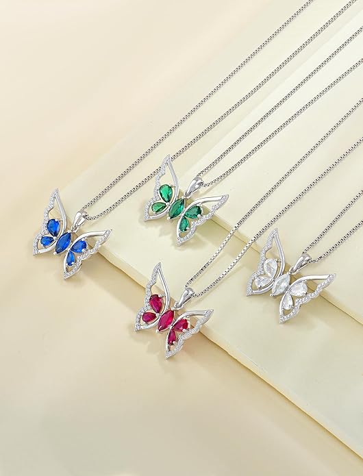 YL Women's Butterfly Necklace 925 Sterling Silver Flower Rose Pendant Birthstone Halo Jewelry