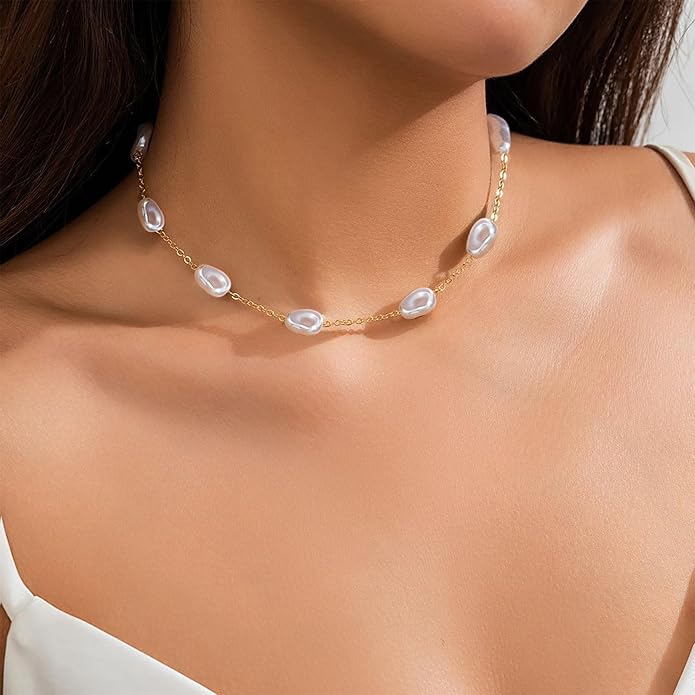 SmileBelle Pearl Necklaces for Women, Daisy Pearl Choker as Y Shaped Pearls Jewelry Gold Heart Necklace for Anniversary Birthday Gifts White Baroque Necklace as Wedding Jewelry