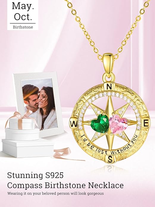 Zeuslia Double Birthstone Necklace Gifts for Wife - 925 Sterling Silver Sunflower/Rose/Crown Cross/Compass/Heart Pendant I Love You Necklace, Anniversary Birthday Gifts for Wife Girlfriend Mom Her