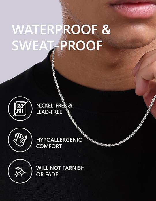 KRKC&CO Rope Chain Necklace for Men, Packaging with Gift Box & Card on Birthday from Mom Dad, 18K / White Gold Plated Chains, Hypoallergenic 316L Stainless Steel, Durable Men Jewelry, 3mm 16-26in