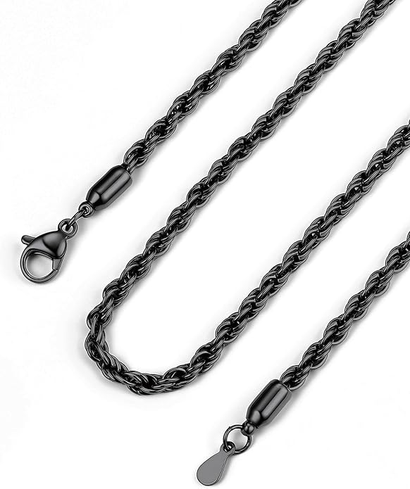 Bandmax Solid 1.5mm/2mm/3mm/6mm Rope Chains for Men Women 14K Gold Plated/Black Plated Stainless Steel Twist Chain 16-30 Inches, with Gift Box