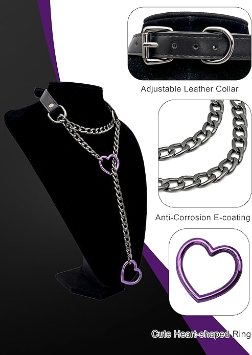 Black Leather Choker Collar For Women, Handmade Heart Slip Chain Choker Long Necklace with Adjustable Buckle
