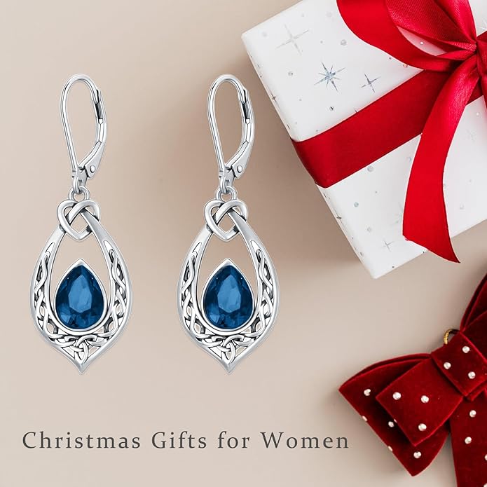 Celtic Knot Dangle Earrings 925 Sterling Silver Oxidized Vintage Drop Leverback Earrings with 8 * 6mm Simulated Birthstone Crystal Christmas Jewelry Gifts for Women (Gift Box)