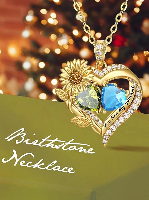 Sunflower Heart Necklace for Women 14K Gold Exquisite Anniversary Birthday Gifts for Wife Mother Her Double Birthstone Pendant jewelry‘You Are My Sunshine’