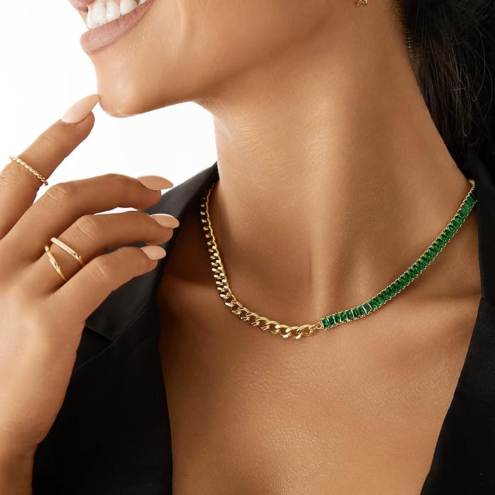 KissYan Diamond Tennis Necklace for Women, 14K/White Gold Plated Cubic Zirconia Baguette Tennis Chain Chunky Paperclip Link Cuban Choker Necklace Dainty Jewelry Gifts