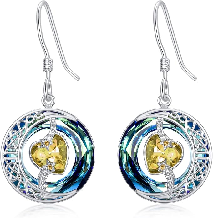 TOUPOP Birthstone Earrings for Women 925 Sterling Silver Moon and Star Dangle Earrings with Blue Crystal BirthdayJewelry Christmas Gifts for Women