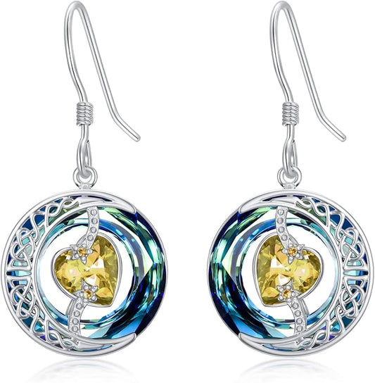 TOUPOP Birthstone Earrings for Women 925 Sterling Silver Moon and Star Dangle Earrings with Blue Crystal BirthdayJewelry Christmas Gifts for Women