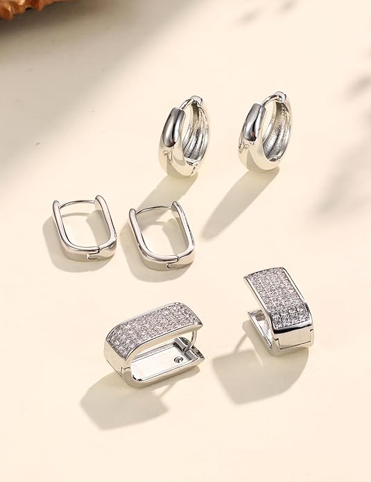 Florideco 3Pairs Chunky Gold Earrings Set 14K Gold Plated Hoop Earrings for Women Trendy Small Thick Huggie Hoops Earring Lightweight Silver Hoop Earring Sets for Multiple Piercing