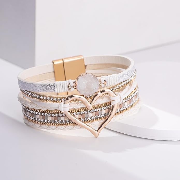 FANCY SHINY Heart Leather Wrap Bracelets Stackable Boho Cuff Bangles Trendy Resin Stone Rhinestone Bracelets with Magnetic Clasp for Women