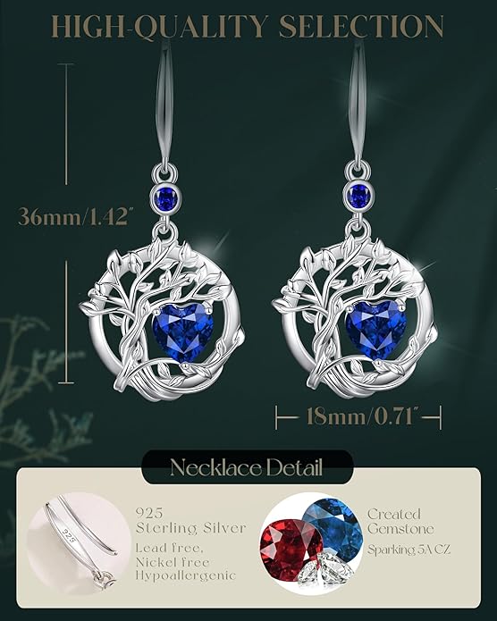 FANCIME Tree of Life Dangle Drop Earrings 925 Sterling Silver Dainty Round Gemstone Birthstone Earring Fine Jewelry Birthday Christmas Gifts for Her Women