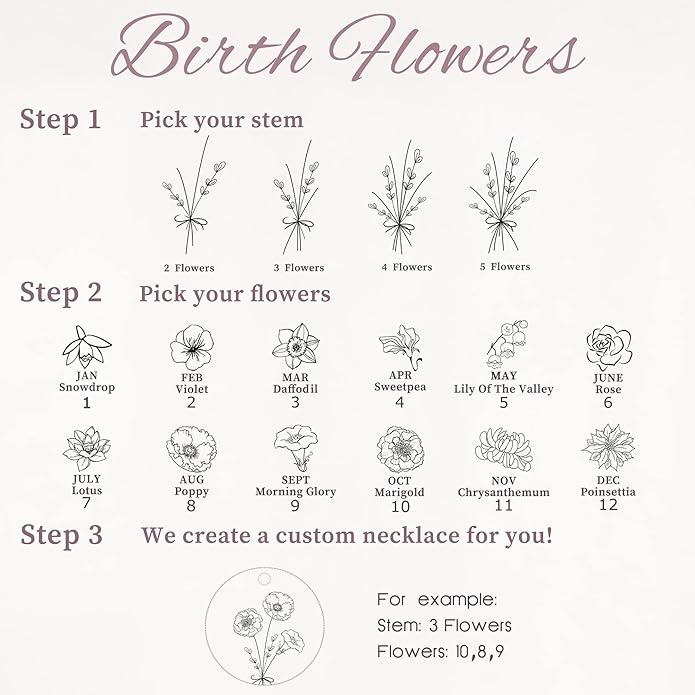 Anavia -Build Your Own Bouquet- Birthmonth Flowers Necklace, Personalized Engraved Floral Coin Necklace, Customized Birthday Gifts Love Jewelry for Her Mom Sisters Family
