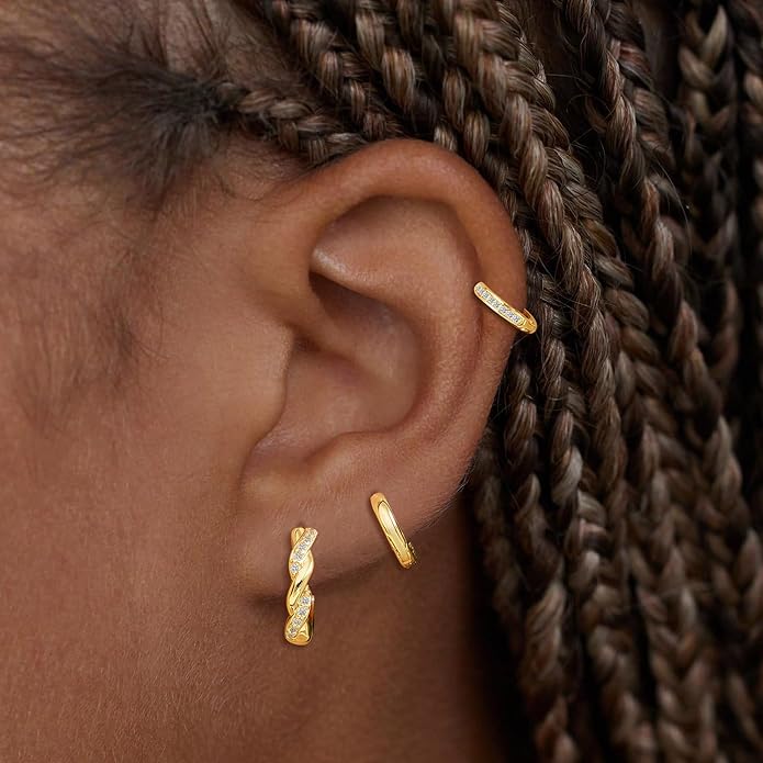 3Pairs Small Gold Huggie Hoop Earrings for Women,Romantic heart,Twisted braid two colors,3 CZ Hoop,5 Round Zircon Sport Hoops Earrings Set,14K Gold Filled Silver Hypoallergenic Earring Excellent gift