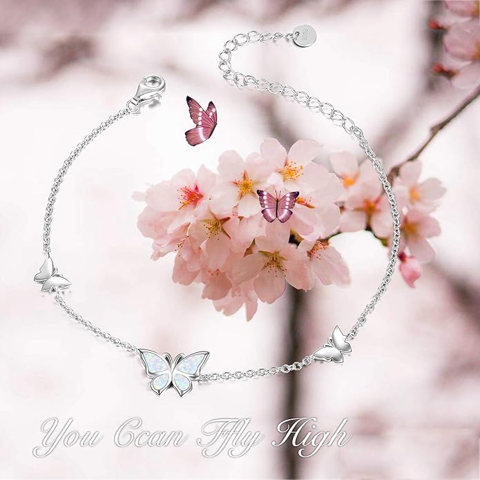 WINNICACA Sterling Silver Butterfly Bracelet Anklet Created Opal Butterfly Jewelry Gifts for Women Birthday Christmas Day Gifts