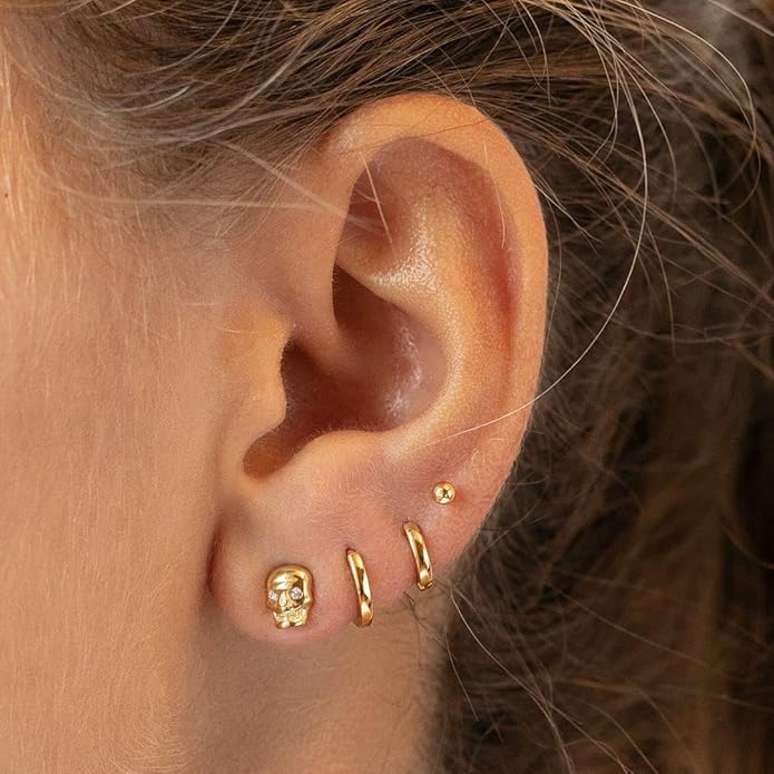 micuco 3 Pairs Small Hoop Earrings Set for Women, 14K Gold Plated Huggie Hoop Earrings for Men, Tiny Cartilage Hypoallergenic Earring Set