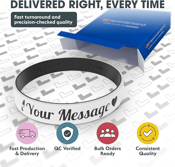 Reminderband Custom 100% Silicone Luxe Wristbands – Personalized Motivational Bracelets, Bulk Rubber Bands for Events, Fundraisers, Awareness, Gifts - Hypoallergenic Bands