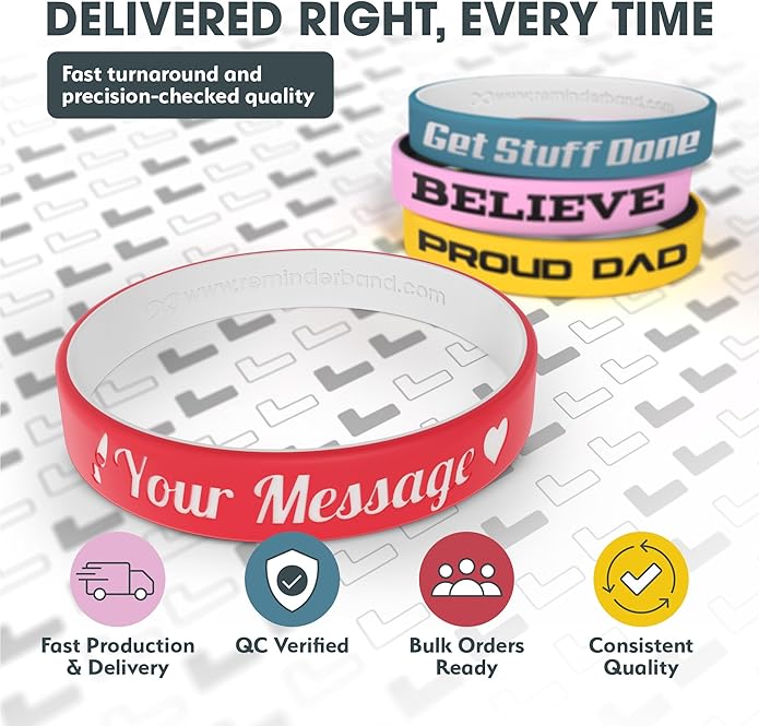 Reminderband Custom 100% Silicone Luxe Wristbands – Personalized Motivational Bracelets, Bulk Rubber Bands for Events, Fundraisers, Awareness, Gifts - Hypoallergenic Bands