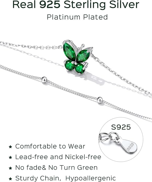 ChicSilver 925 Sterling Silver Anklets for Women Waterproof, Sparkling Birthstone Ankle Bracelets for Women, Adjustable Layered Butterfly Anklet Summer Beach Jewelry